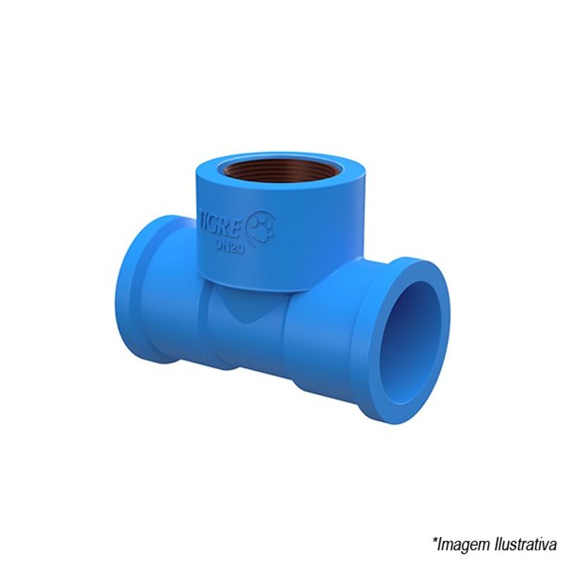 Tê Azul PVC com Bucha de Latão  Solda 25mm e Rosca 1/2´ - Tigre Tê Azul PVC com Bucha de Latão  Solda 25mm e Rosca 1/2´ - Tigre
