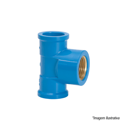 Tê PVC Azul Soldável com Bucha de Latão  Solda 25mm e Rosca 1/2´ - Amanco