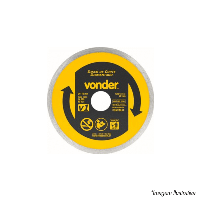 Disco de Corte Diamantado, 110 mm, furo de 20 mm, Anel Contínuo, V1, 12.68.100.000 - Vonder Disco de Corte Diamantado, 110 mm, furo de 20 mm, Anel Contínuo, V1, 12.68.100.000 - Vonder