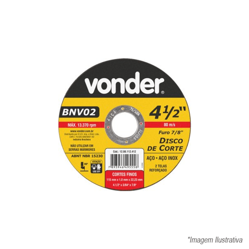 Disco de Corte 115 mm x 1,0 mm x 22,23 mm, BNV 02, 12.08.112.412 - Vonder Disco de Corte 115 mm x 1,0 mm x 22,23 mm, BNV 02, 12.08.112.412 - Vonder