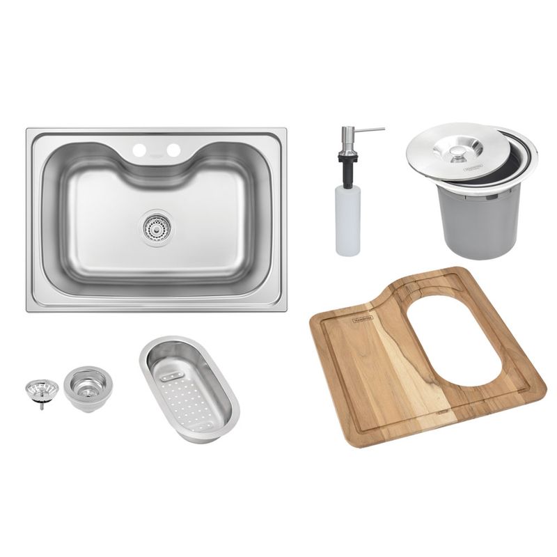 Cuba Morgana Inox de Sobrepor 68,5x48,5cm com Lixeira de Embutir 5 L, Tábua de Madeira, Dosador de Sabão, Cesto Coador e Válvula - Tramontina Cuba Morgana Inox de Sobrepor 68,5x48,5cm com Lixeira de Embutir 5 L, Tábua de Madeira, Dosador de Sabão, Cesto Coador e Válvula - Tramontina