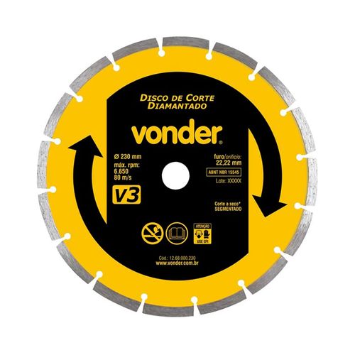 Disco de Corte Diamantado Segmentado 230mm 9´ Furo 22mm 12.68.000.230 - Vonder